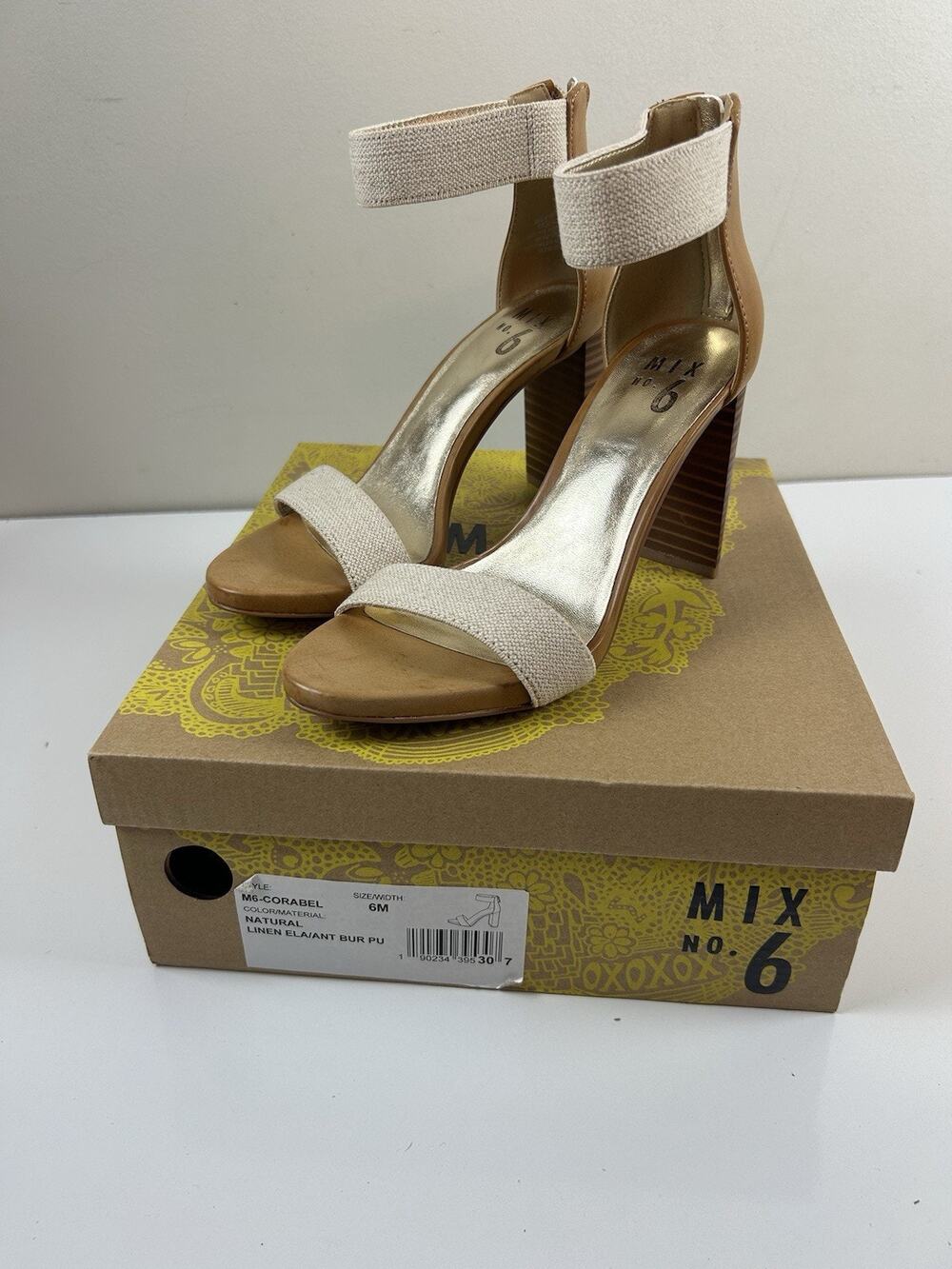 Mix No. 6 Natural Linen Tan Strappy Ankle Strap Open Toe Block Heel Sandals Sz 6